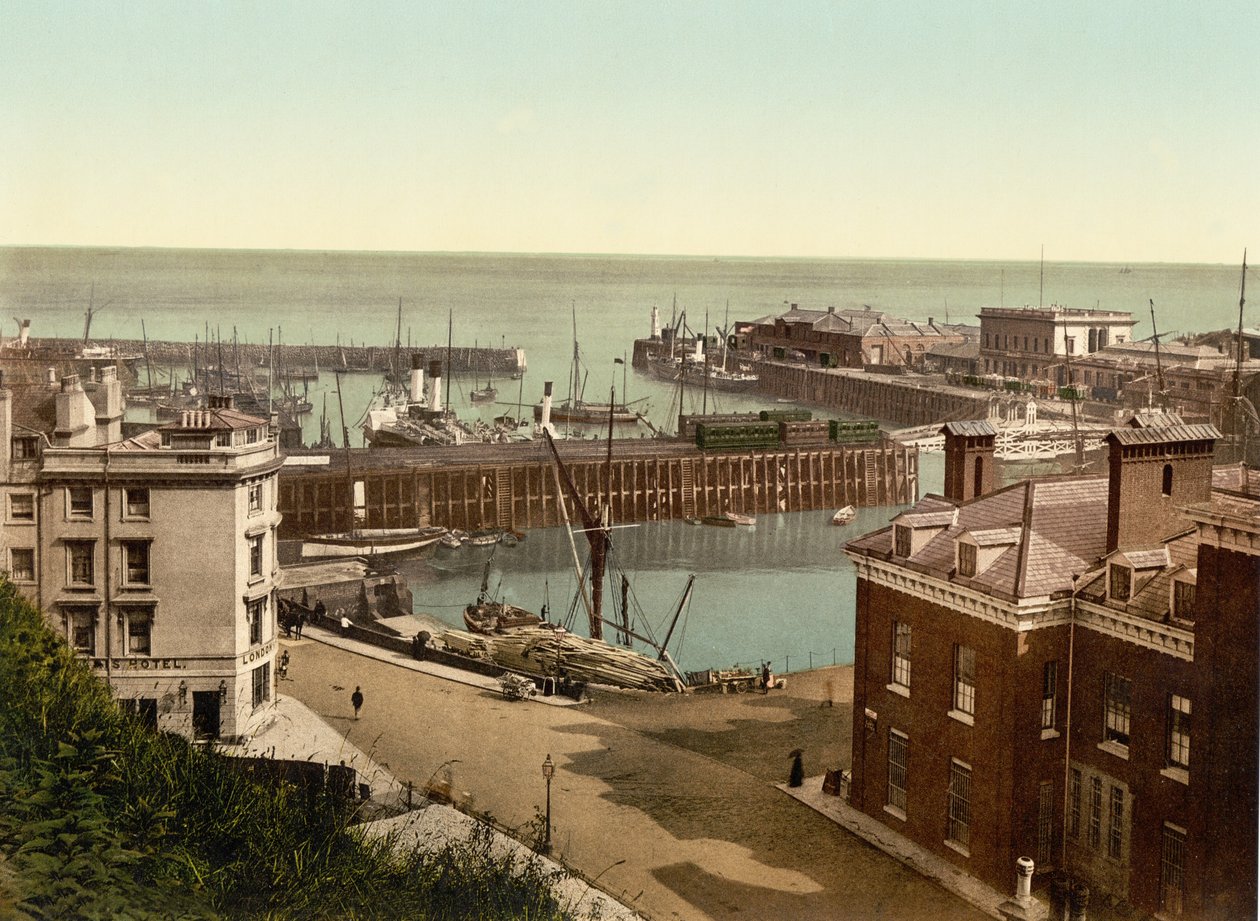 Havnen, Folkestone (håndkoloreret foto) af English School