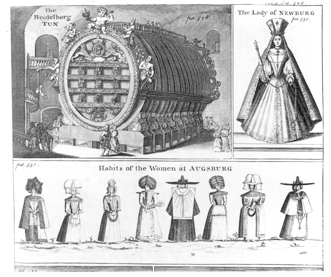 The Heidelberg Tun, The Lady of Newburg and Habits of the Women of Augsburg, fra Missons Nouveau voyage dItalie udgivet i Navigantium atque Itinerantium Bibliotheca af Harris, revideret udgave, 174 af English School