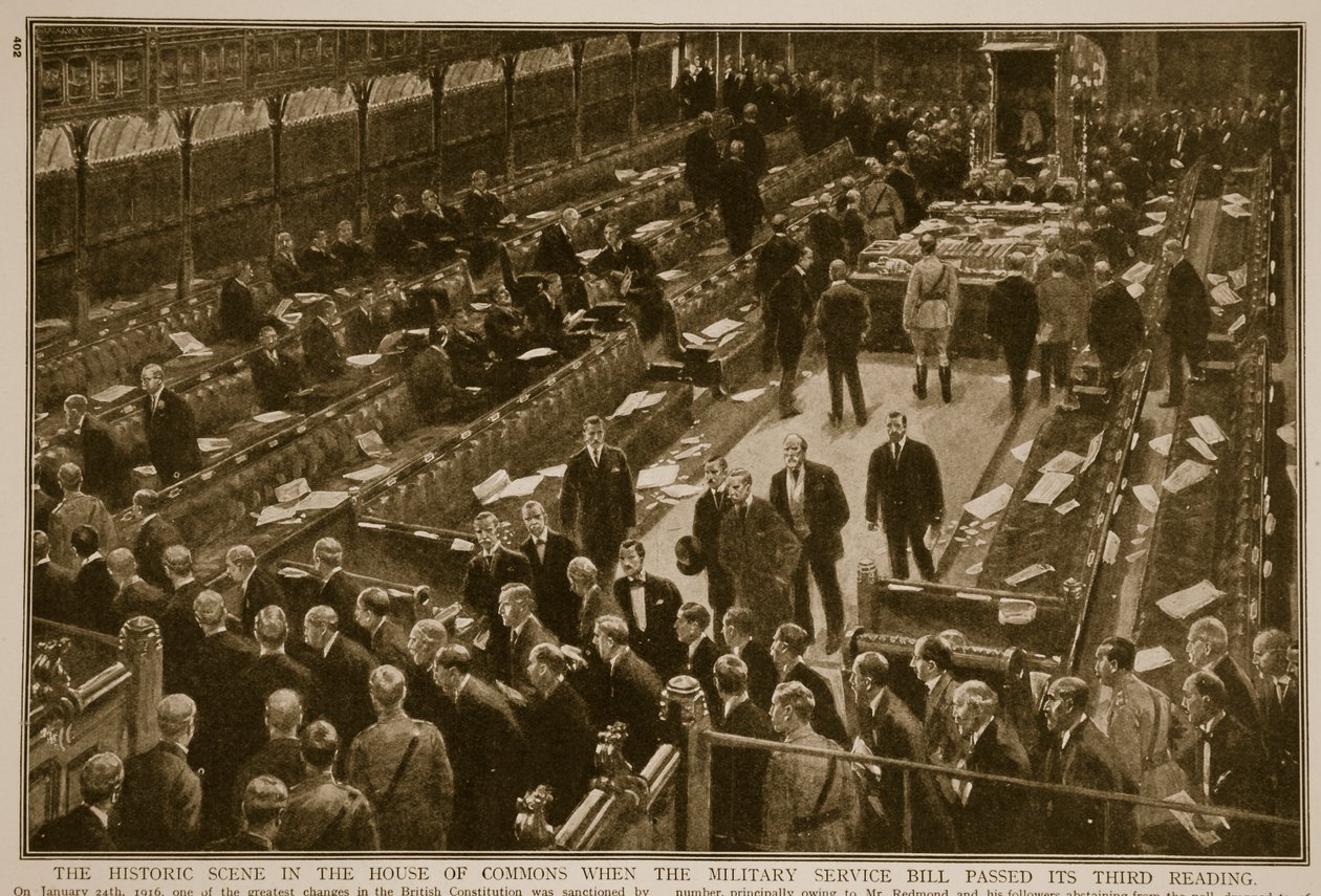 Den historiske scene i Underhuset, da lovforslaget om militærtjeneste vedtog sin tredjebehandling, 1914-19 af English School