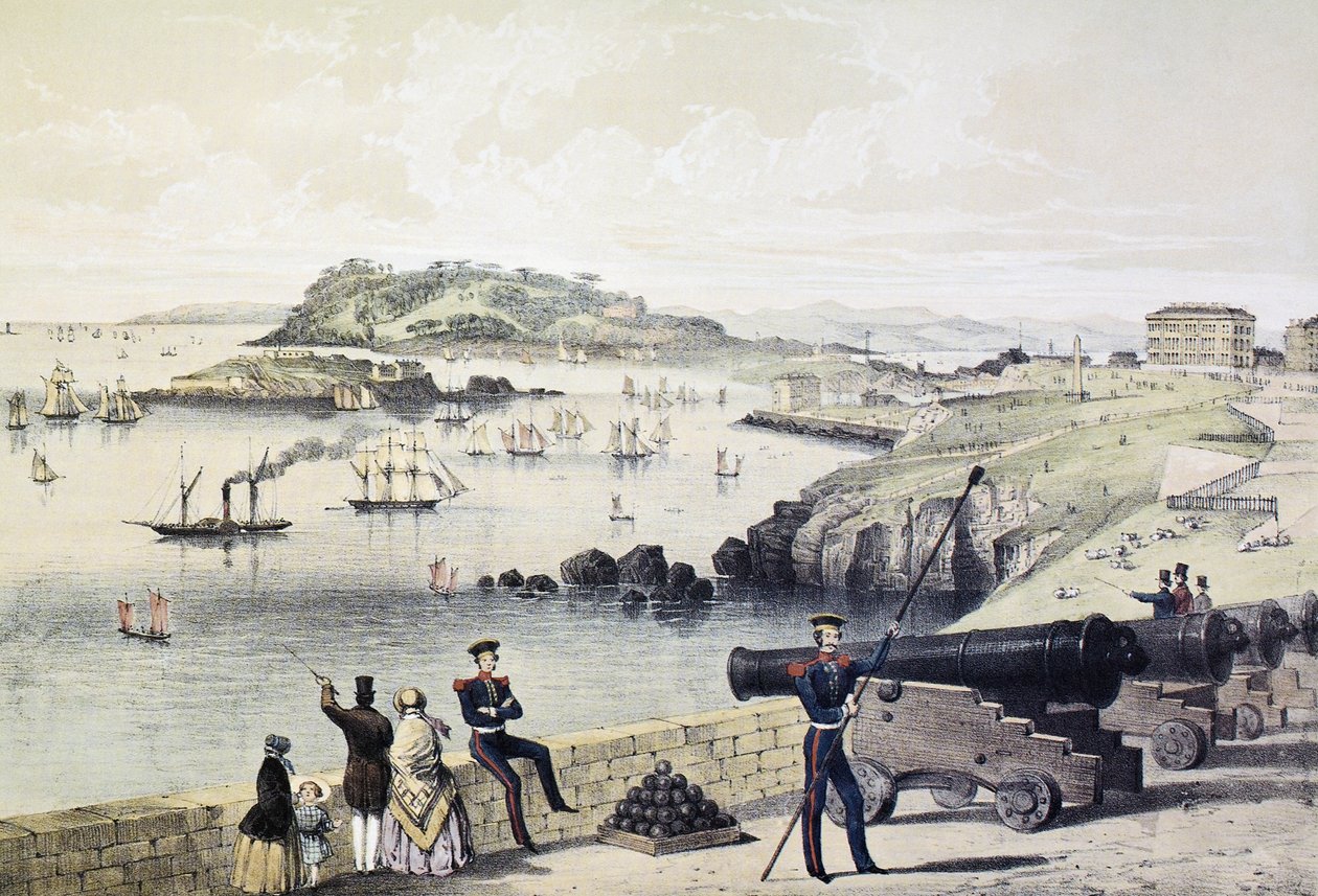 The Hoe, Drakes Island og Mt Edgecumbe from the Citadel, udgivet af Newman und Co af English School