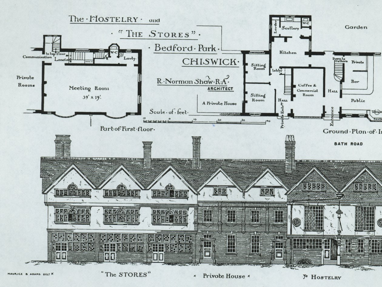 The Hostelry and The Stores, Bedford Park, Chiswick, fra The Building News, 1877 af English School