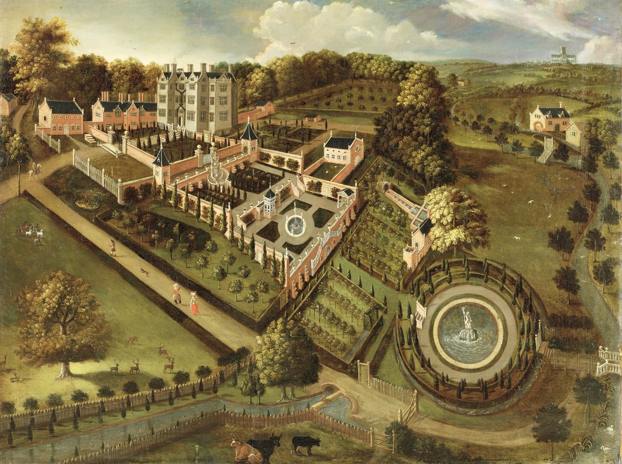 Huset og haven i Llanerch Hall, Denbighshire, ca. 1662-72 af English School