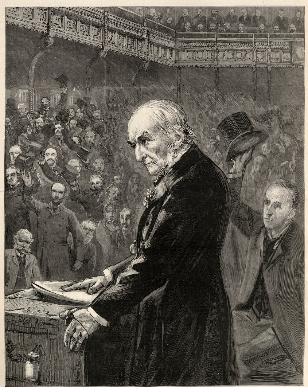 Underhuset, 13. februar 1893: William Ewart Gladstone, liberal premierminister, introducerer lovforslaget om det andet hjemmestyre. af English School