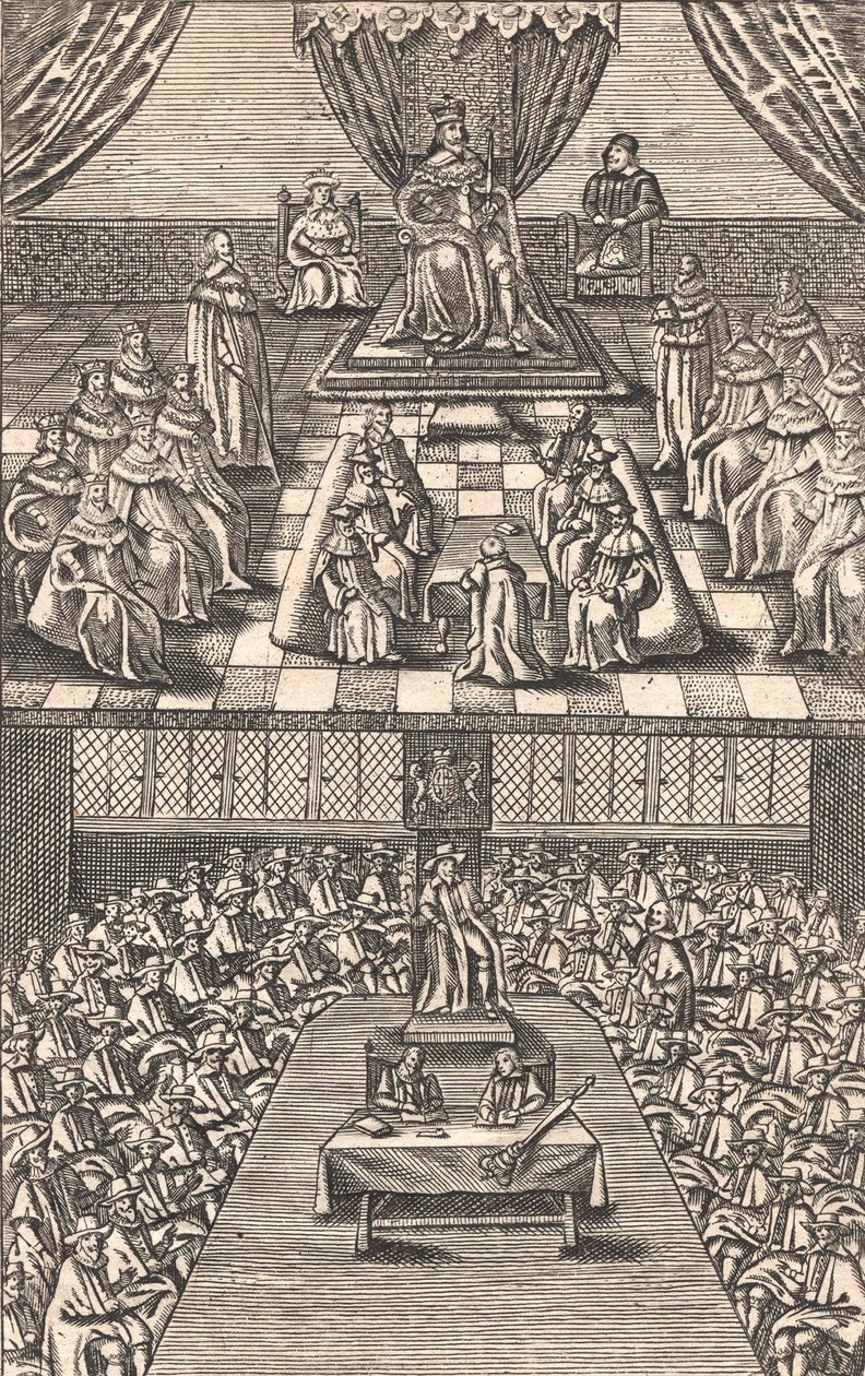 House of Lords og House of Commons under kong Charles I, ca. 1640 (farvetræsnit) af English School
