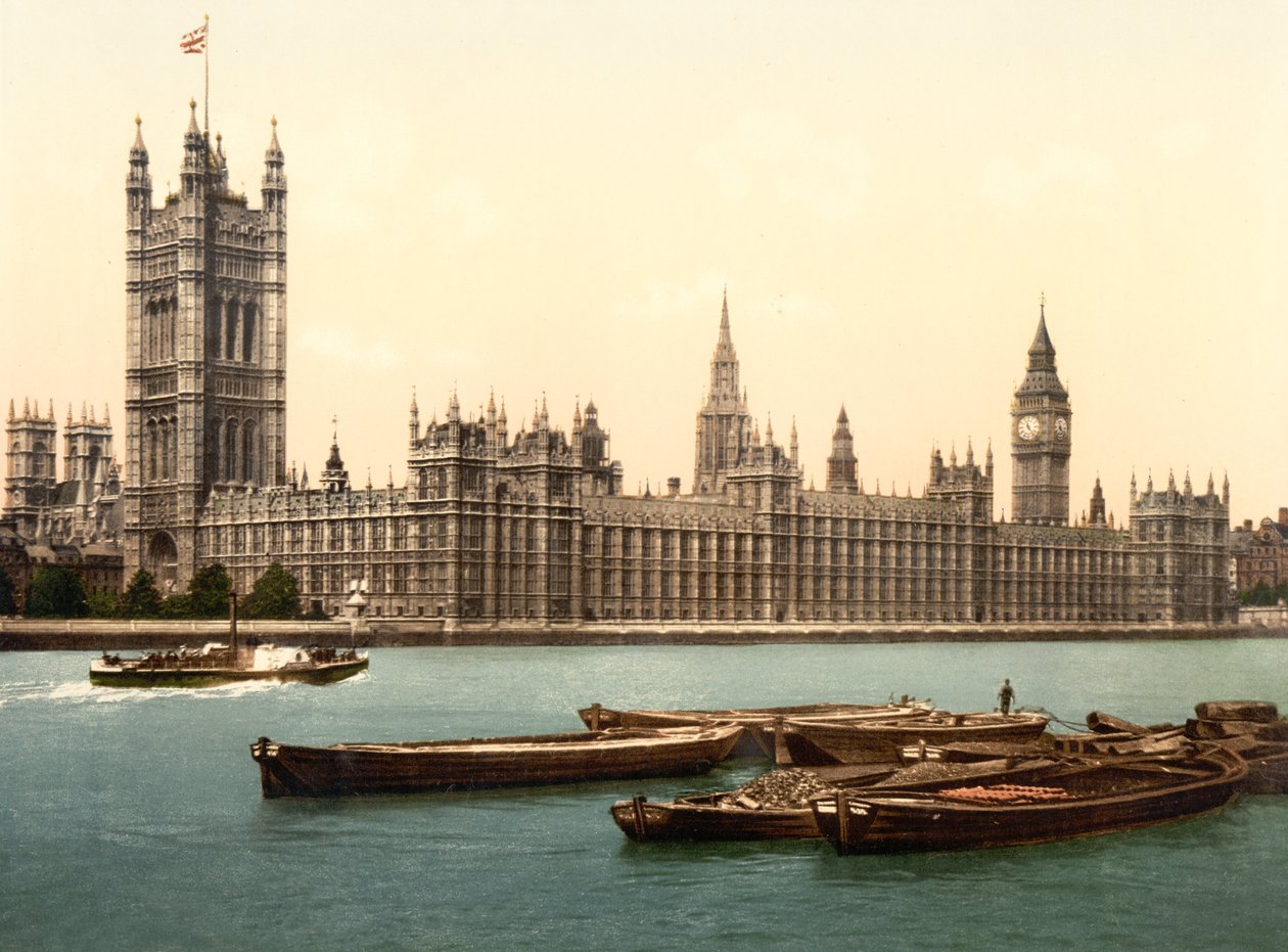 The Houses of Parliament, London (håndfarvet foto) af English School
