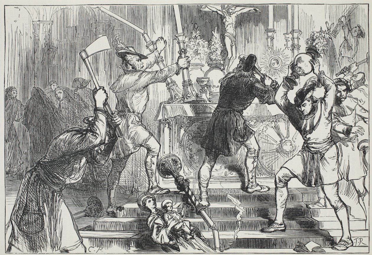 Ikonoklasterne ødelægger billeder og alterdekorationer af en romersk-katolsk kirke, illustration fra The History of Protestantism af James Aitken Wylie (1808-1890), pub. 1878 af English School