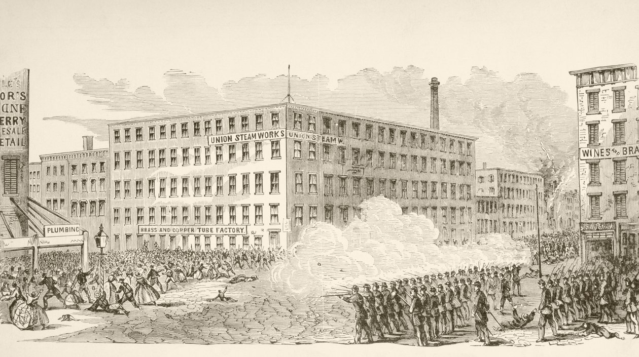 Hændelsen i Second Avenue under New York Draft Riots i juli 1863 (litho) af English School