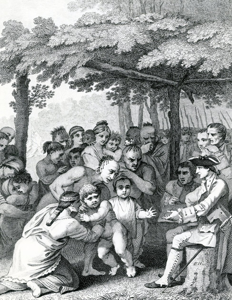 Indianerne afleverer de engelske fanger til oberst Bouquet nær hans lejr ved Forks of Muskingham i North Anerica, indgraveret af Canot, 1764 af English School