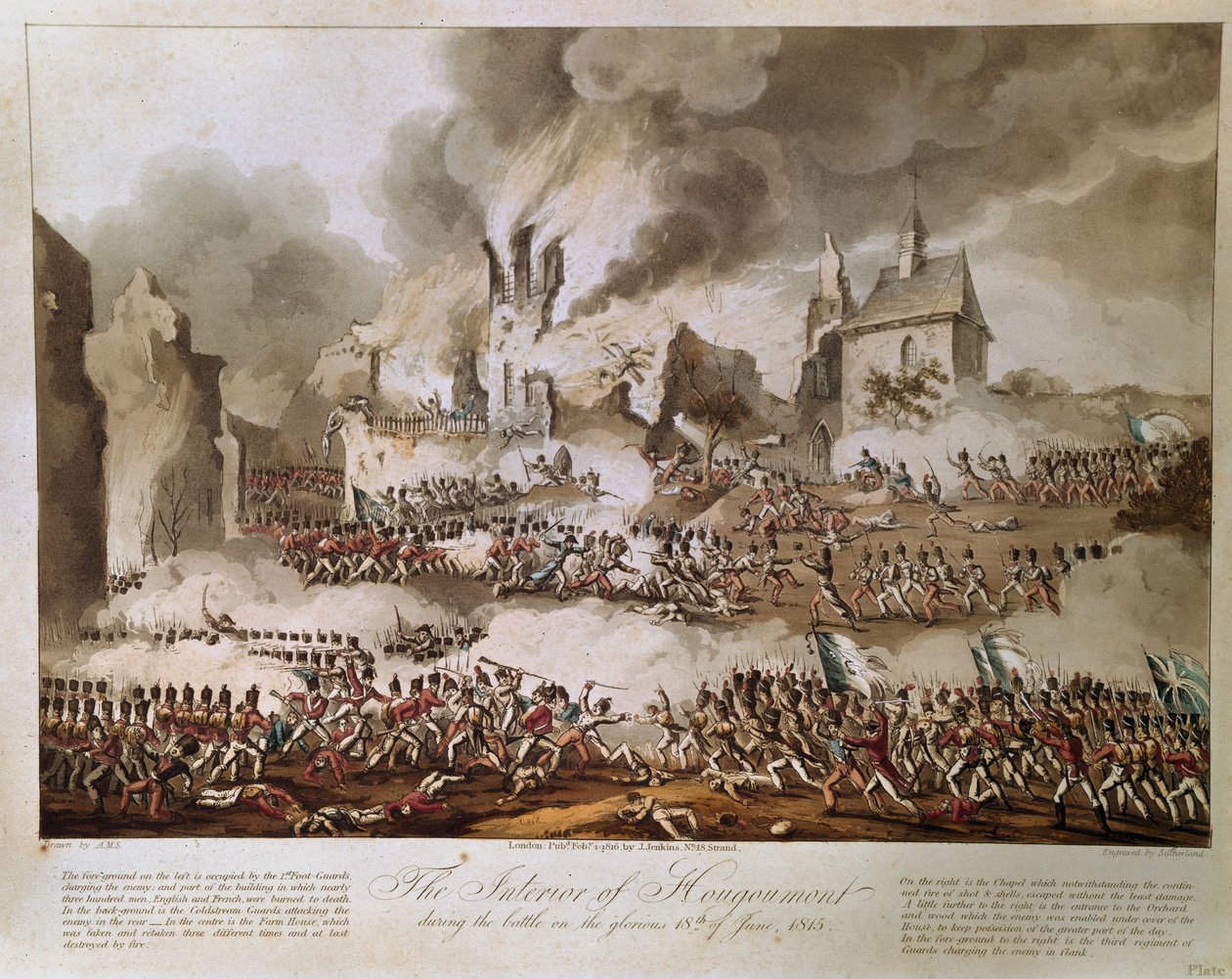 Det indre af Hougoumont under slaget den glorværdige 18. juni 1815, indgraveret af T. Sutherland, udgivet 1816 (akvatint) af English School