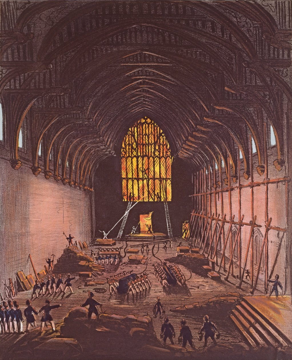 Det indre af Westminster Hall, 1834 (farvegravering) af English School