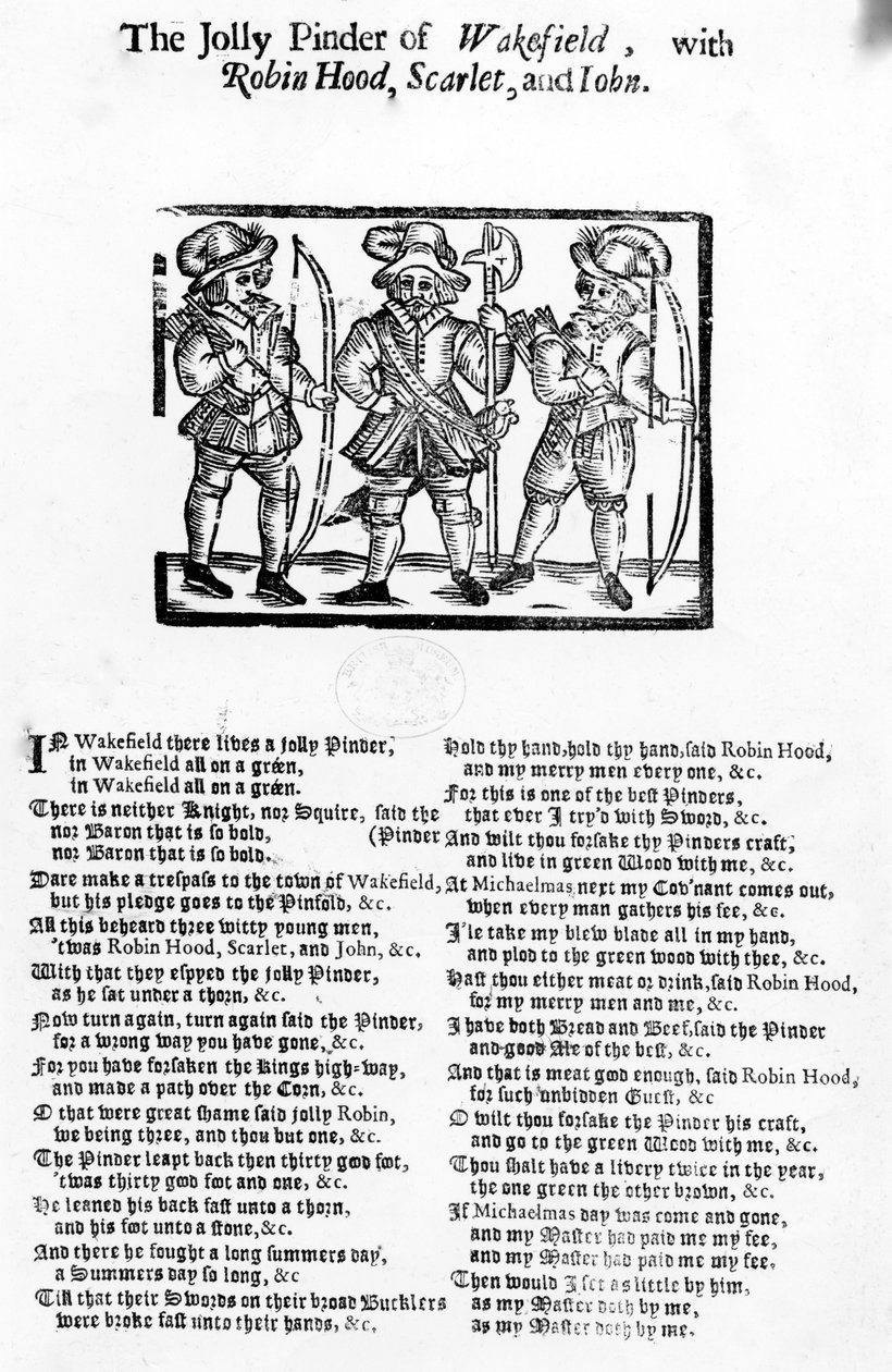The Jolly Pindar of Wakefield med Robin Hood, Scarlet og John, udgivet af W. Thackeray, J. Millet, A. Mulbourn, 1689-1692 af English School