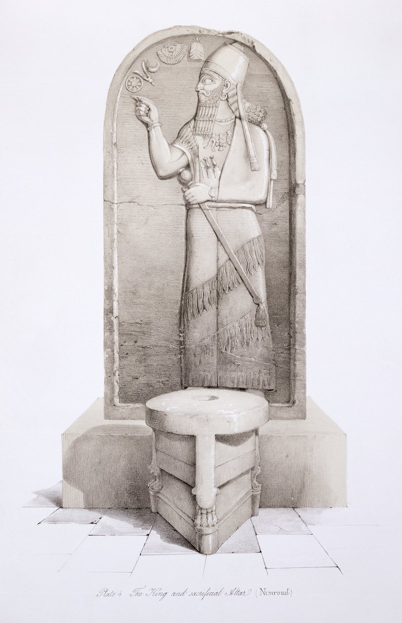 Kongen og offeralteret, Nimrud, plade 4 fra Nineveh and its Remains af Austen Henry Layard (1817-94) udgivet 1849 af English School