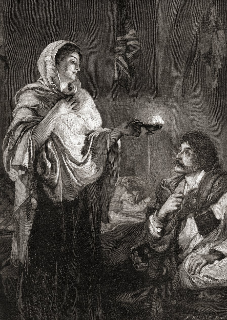 Damen med lampen: Florence Nightingale på hospitalet på Scutari-kasernen, Tyrkiet, under Krimkrigen. af English School