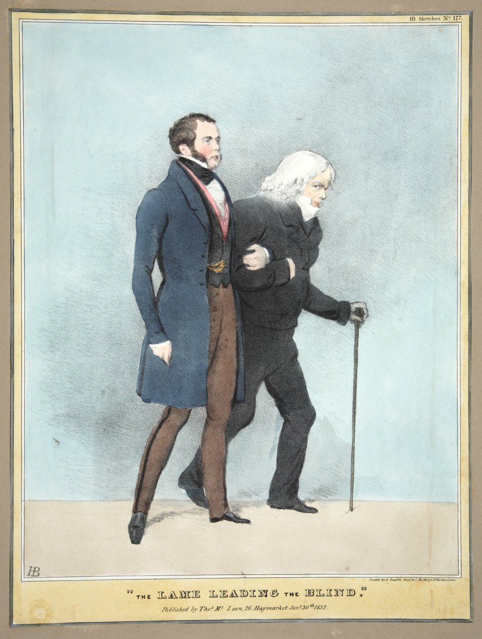 The Lame leading the Blind, pub. 1832 (farvet gravering) af English School