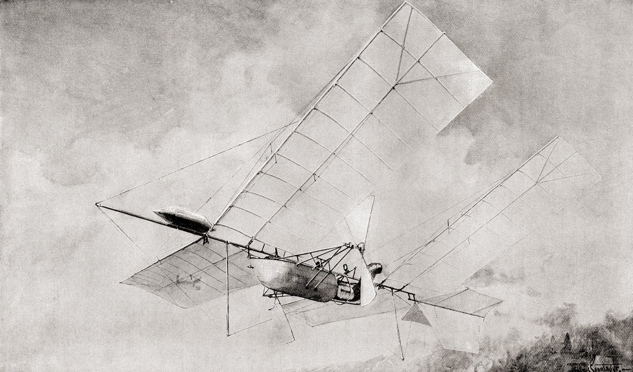 Langley Aerodromen lentokone lennossa 1800-luvulla. Vuonna 1897 julkaistusta The Strand Magazinesta. af English School