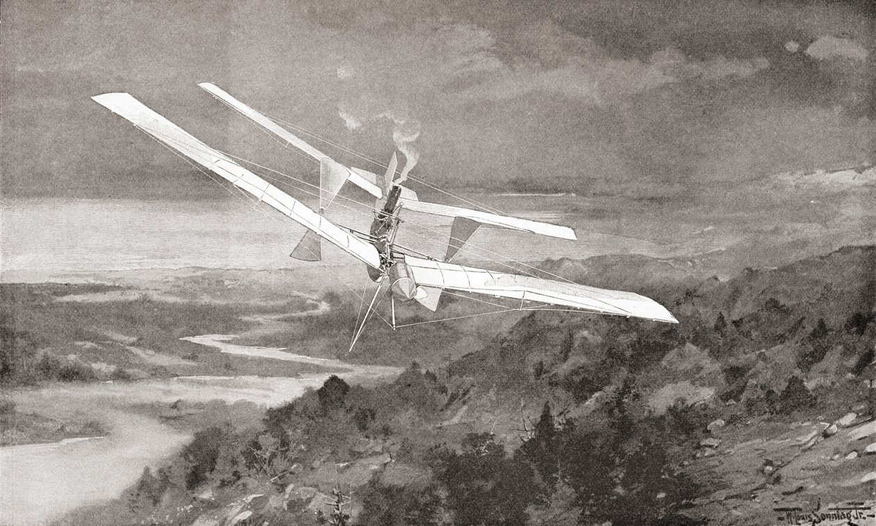 Langley Aerodrome flyvemaskine i flyvning i det 19. århundrede. Fra The Strand Magazine udgivet 1897. af English School