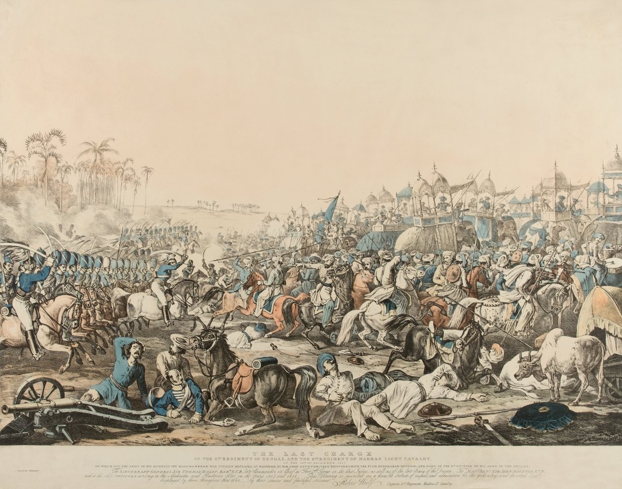 Den sidste anklage fra det 6. regment (sic) af Bengal og det 6. regiment af Madras lette kavaleri den 16. december 1817 (farve litho) af English School