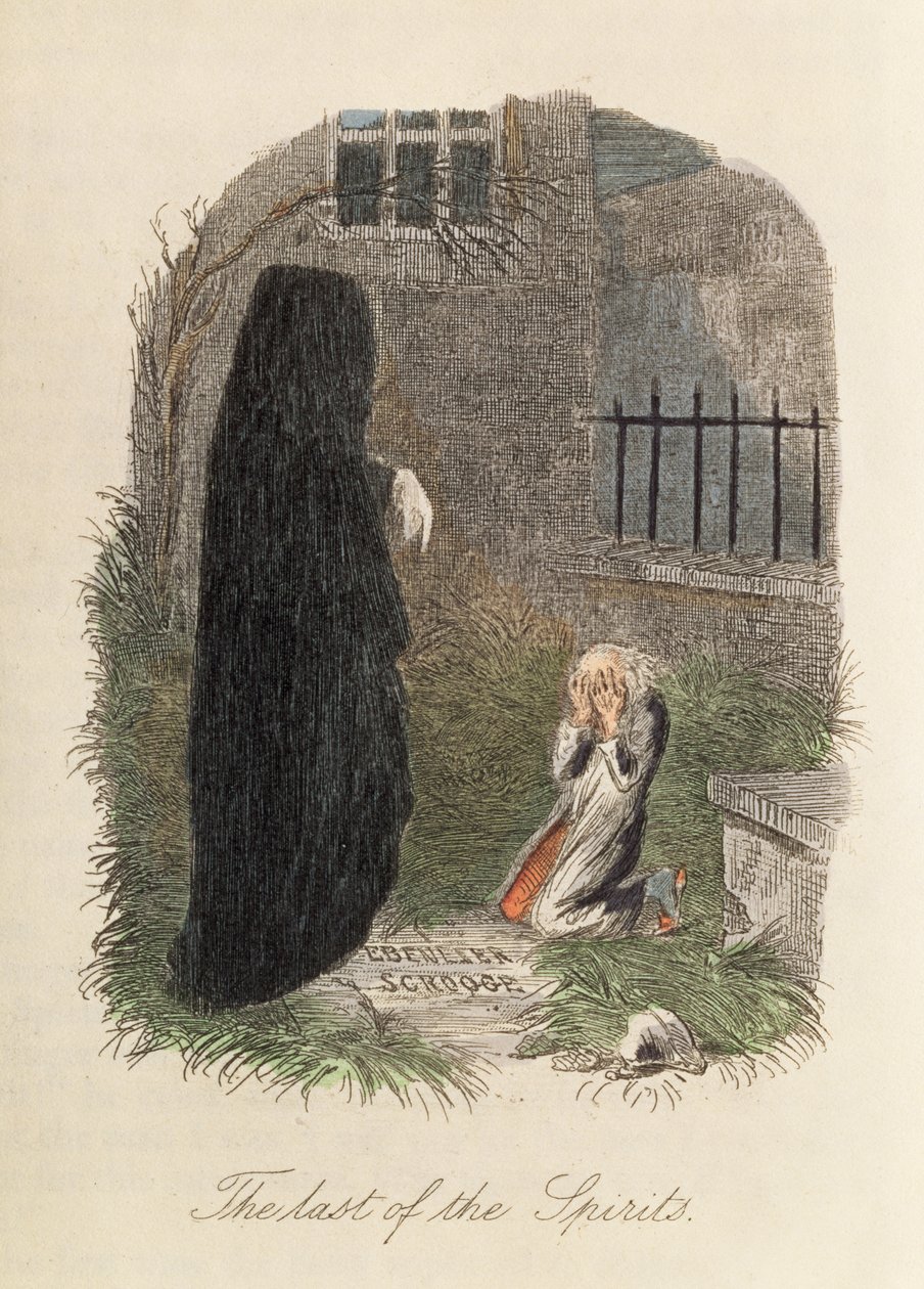 The Last of the Spirits, illustration til A Christmas Carol af Charles Dickens (1812-70) 1843 (farvegravering) af English School