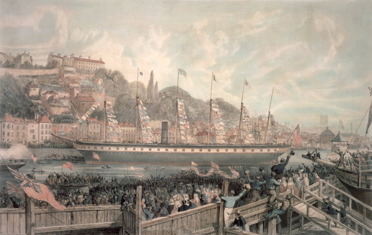 Lanceringen af dampskibet "The Great Britain" i nærvær af H.R.H. Prins Albert (farve litho) af English School
