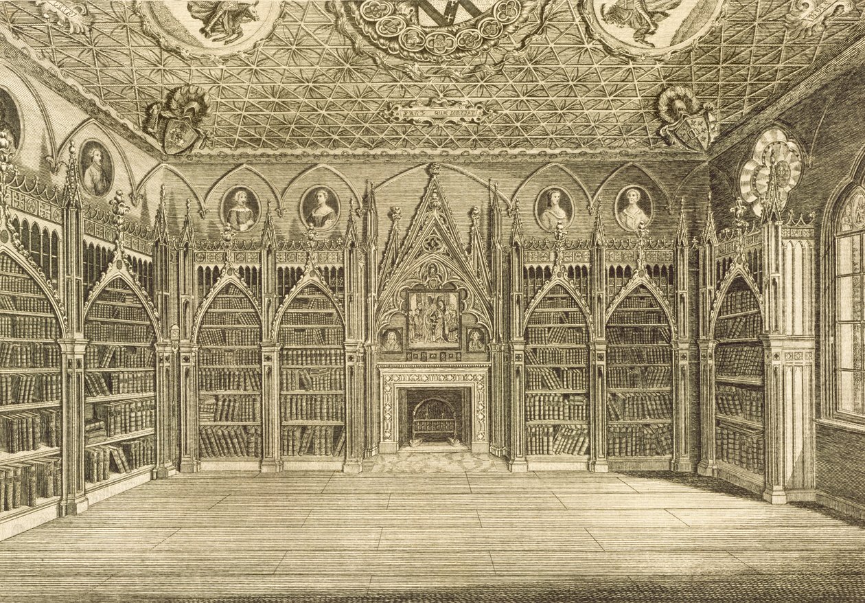 Biblioteket, indgraveret af Godfrey, fra Beskrivelse af Strawberry Hill af Horace Walpole, 1784 af English School