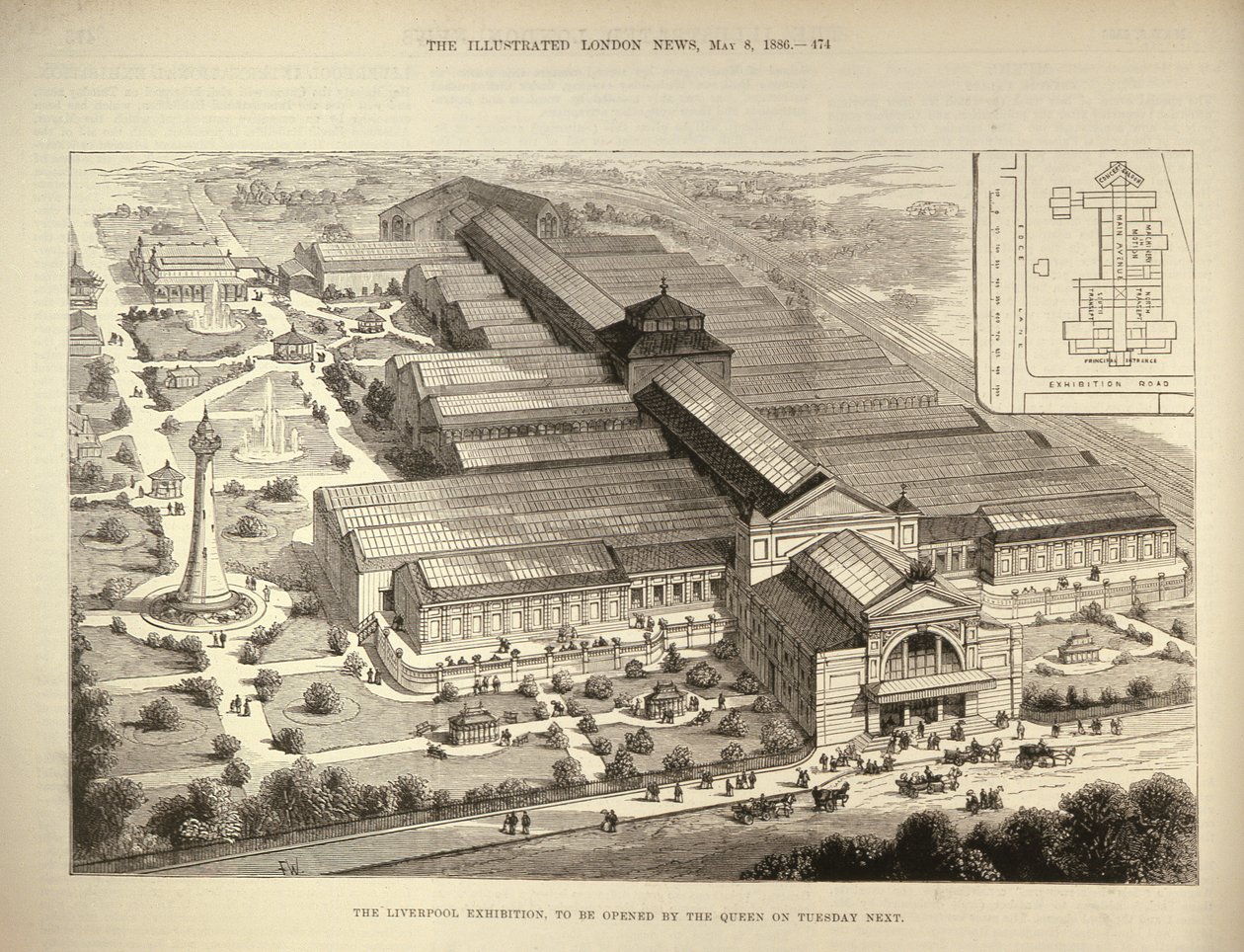 Liverpool-udstillingen, der åbnes af dronningen, fra The Illustrated London News, 5. august 1886 af English School