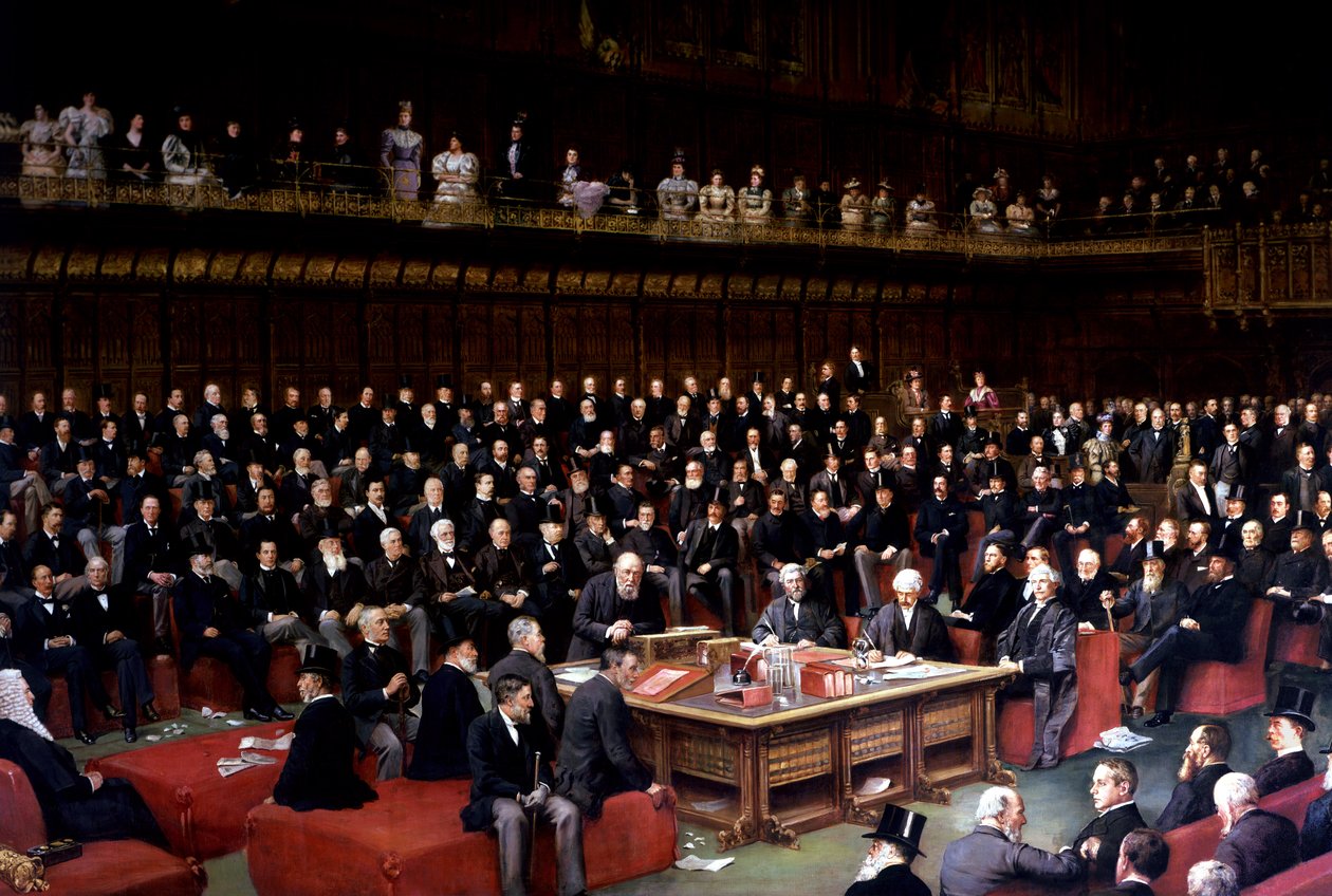 Lord Chancellor er ved at sætte spørgsmålet ind i debatten om hjemmestyre i House of Lords, 1893 af English School