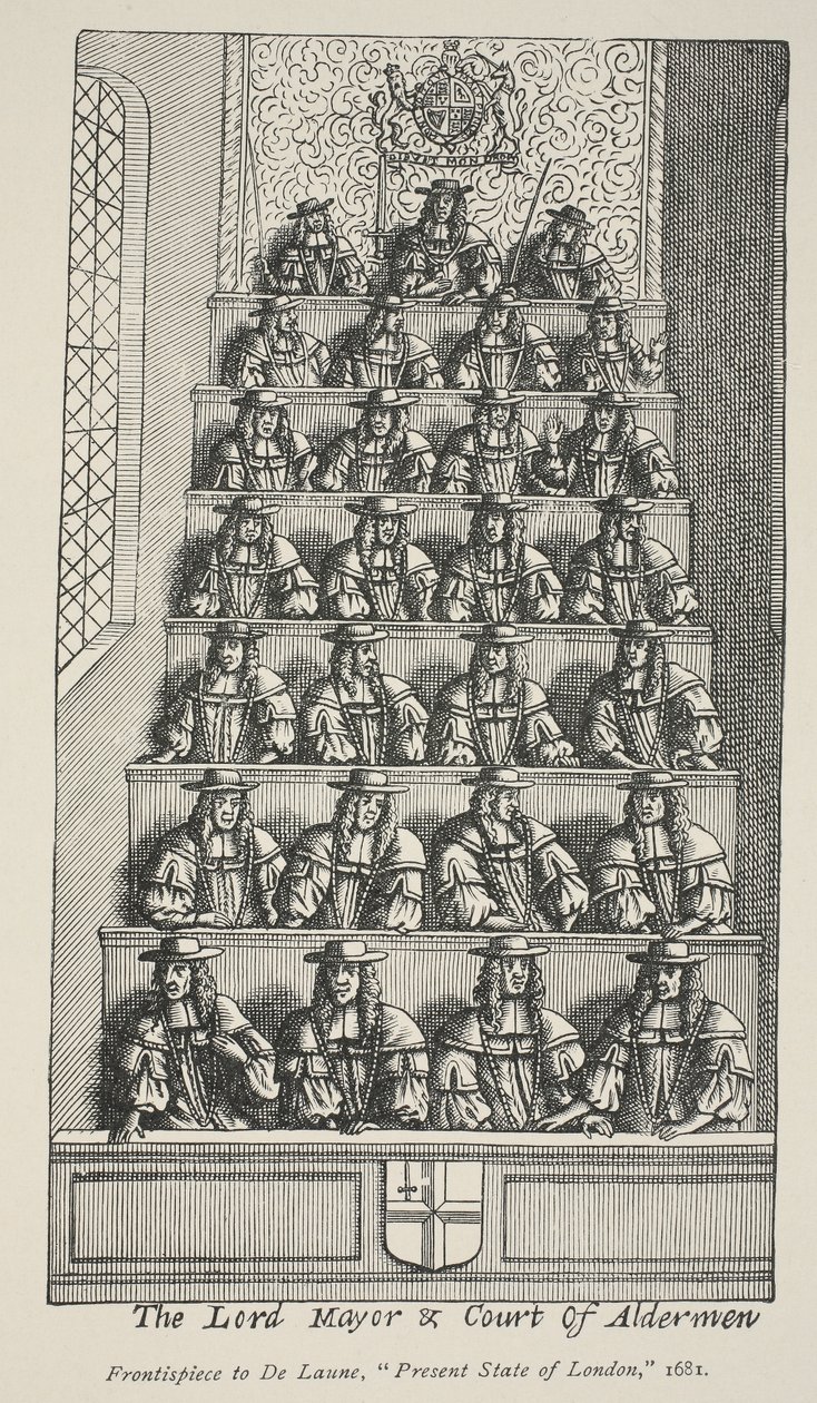 The Lord Mayor and Court of Aldermen, frontispice fra De Launes Angliae Metropolis, 1681 af English School
