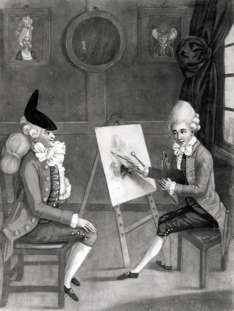 The Macaroni Painter, eller Billy Dimple, der passer til hans billede, udgivet af Bowles og Carver, 1772 (mezzotint) af English School