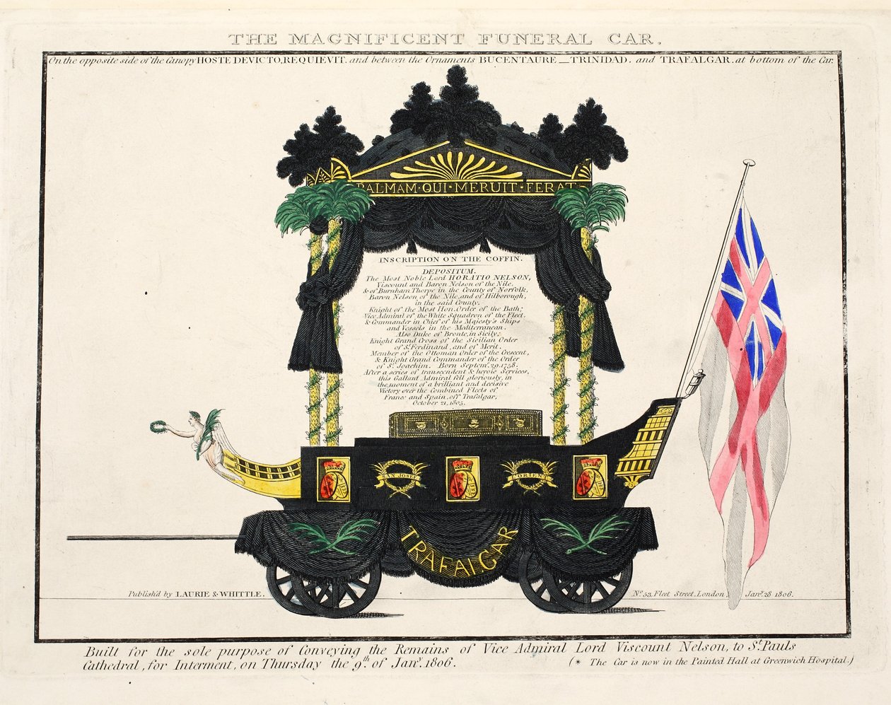 The Magnificent Funeral Car, pub. 1806 (håndfarvet gravering) af English School
