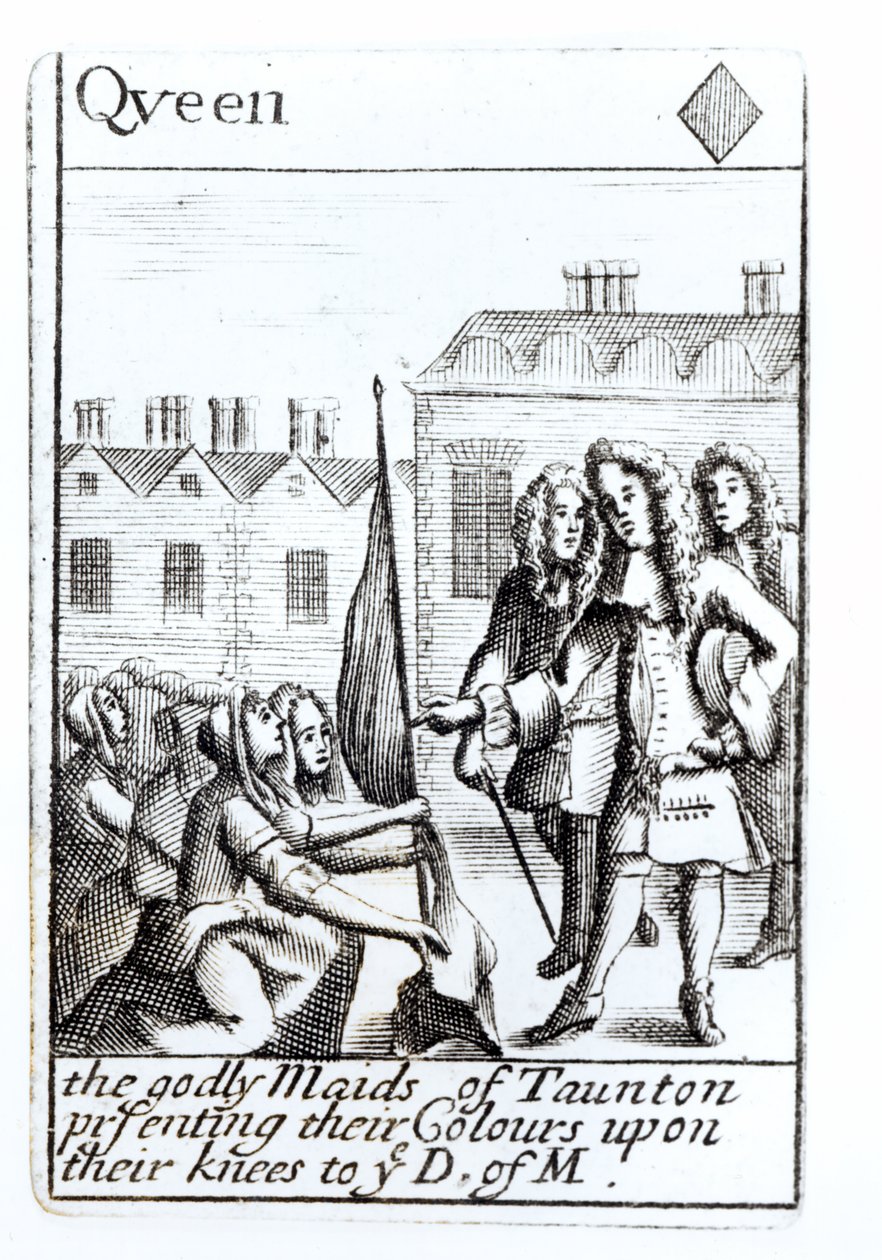 Maids of Taunton knælende foran hertugen af Monmouth, 18. juni 1685, Queen of Diamonds spillekort fra et sæt til minde om Monmouths Rebellion af English School