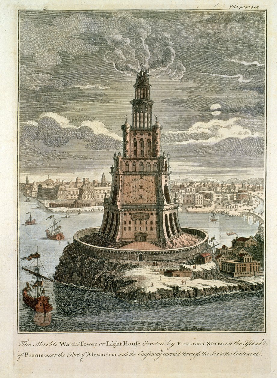 Marmorvagttårnet eller fyrtårnet opført af Ptolemaios Soter på øen Pharos nær Alexandrias havn (farvetryk) af English School