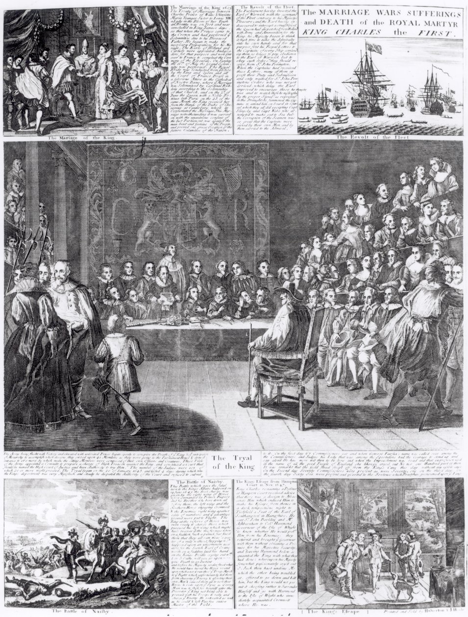 Ægteskab, krige, lidelse og død af den kongelige martyr, kong Charles den Første, trykt af Henry Overton og J. Hoole (gravering) (bundw foto) af English School