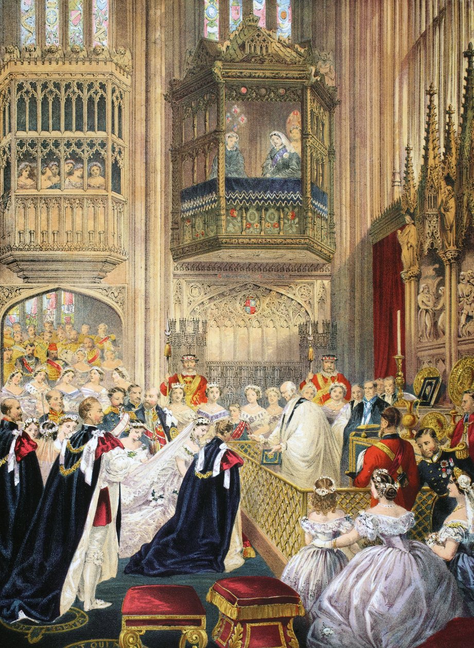 Ægteskabet i St Georges Chapel, Windsor, fra A Memorial of the Marriage of Edward VII and Alexandra of Denmark, pub. 1864 af English School