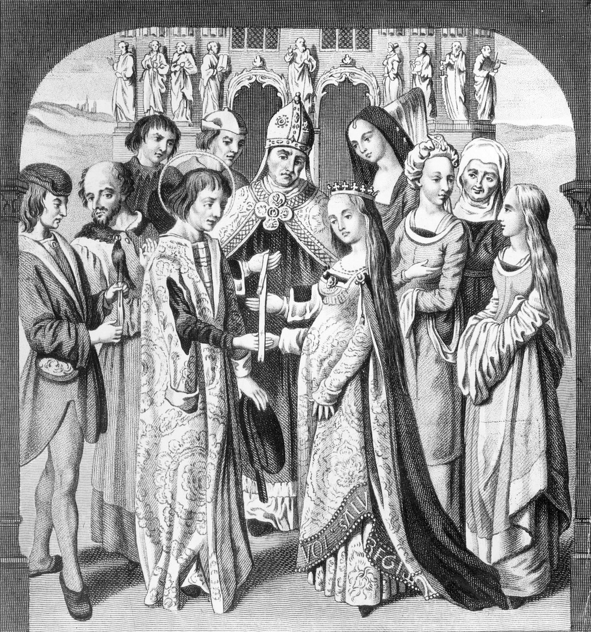 Ægteskabet mellem Henrik VI og Margaret af Anjou, indgraveret af Freeman af English School