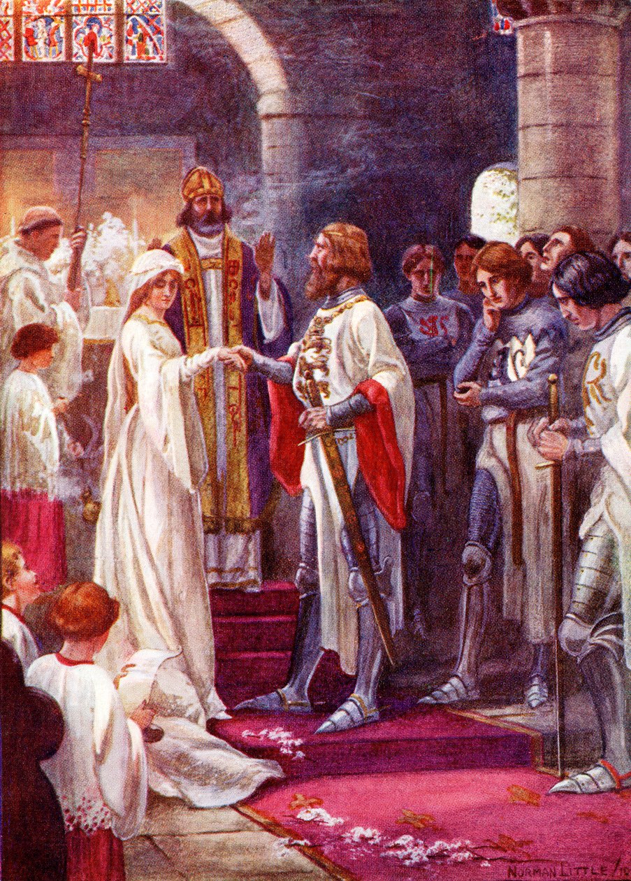Ægteskabet mellem kong Arthur og Guinevere. Farvet illustration fra bogen The Gateway to Tennyson udgivet 1910. af English School