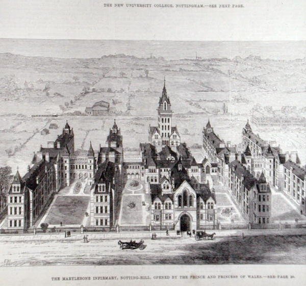 Marylebone Infirmary, Notting Hill, åbnet af prinsen og prinsessen af Wales, fra The Illustrated London News, 7. februar 1881 af English School