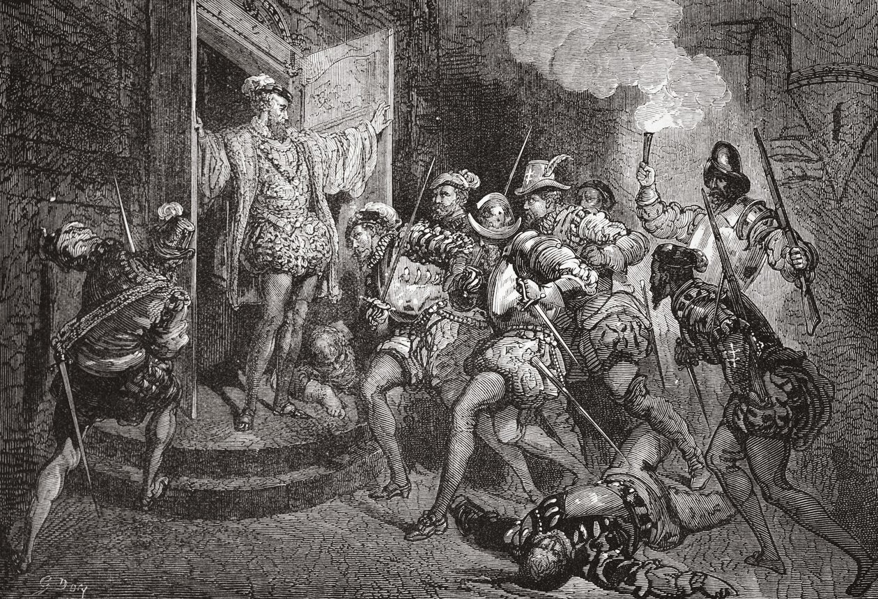 The Massacre of St. Bartholomew: angreb på Colignys logi, illustration fra The History of Protestantism af James Aitken Wylie (1808-1890), pub. 1878 af English School