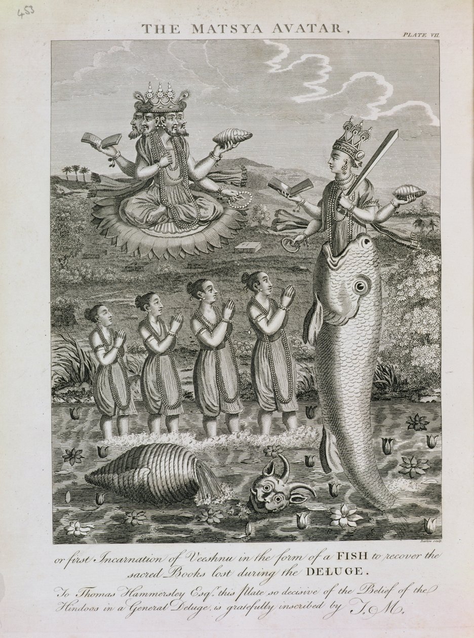Matsya-avataren eller den første inkarnation af Vishnu i form af en fisk for at genvinde de hellige bøger, der er gået tabt under syndfloden, indgraveret af Barlow af English School