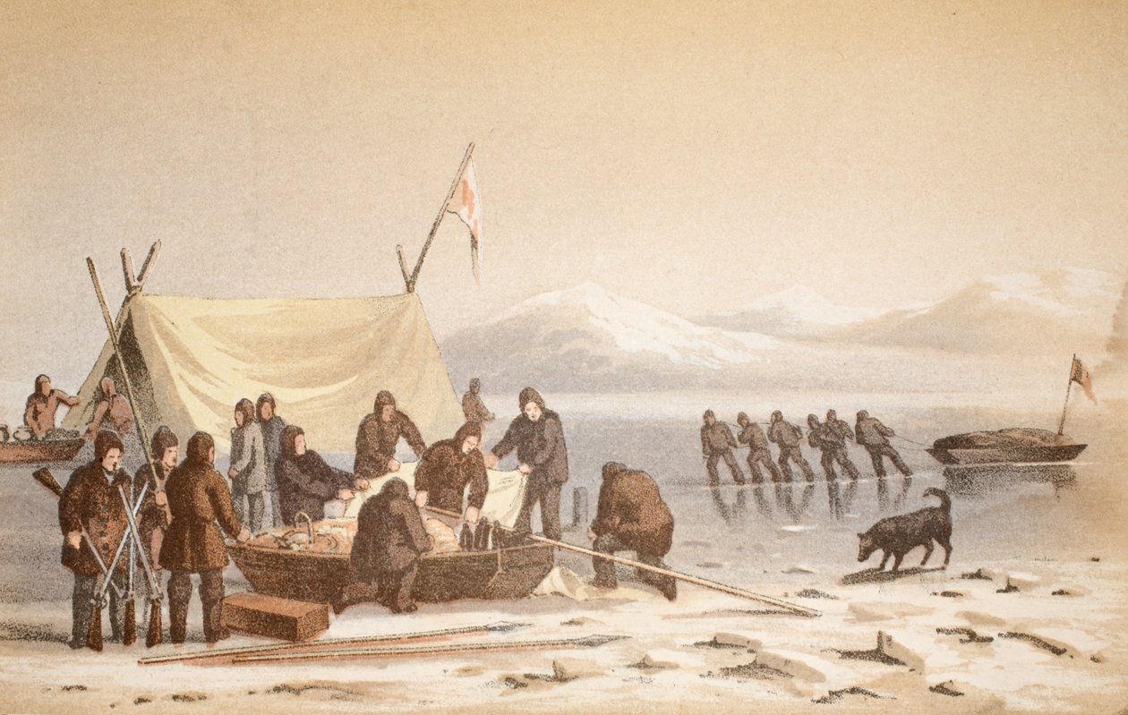 The Meeting in Wellington Channel, 14. juni 1851, illustration fra Voyage to Baffins Bay og Barrow Straits..., 1852 (håndfarvet gravering) af English School