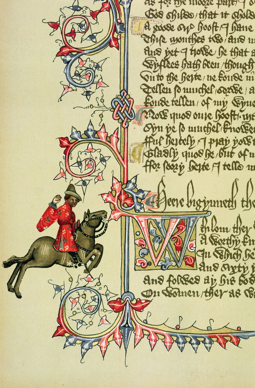 The Merchant, faksimiledetalje fra The Canterbury Tales, af Geoffrey Chaucer (ca. 1342-1400) af English School