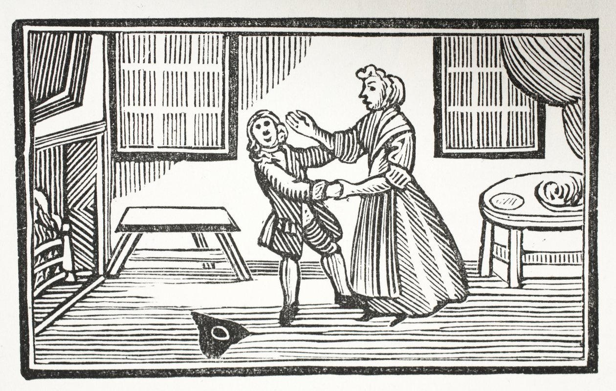Metoden Meg tog for at få en af vikarerne til at betale sit partitur, illustration fra Chap-books of the Eighteenth Century af John Ashton, pub. 1882 af English School