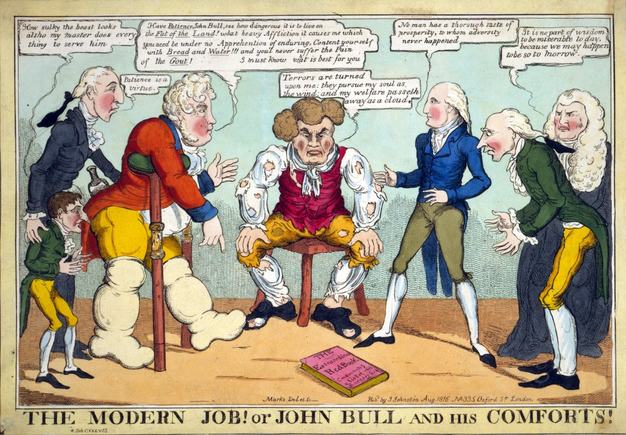 Det moderne job! Eller John Bull and his Comforts!, pub. 1816 (håndfarvet gravering) af English School