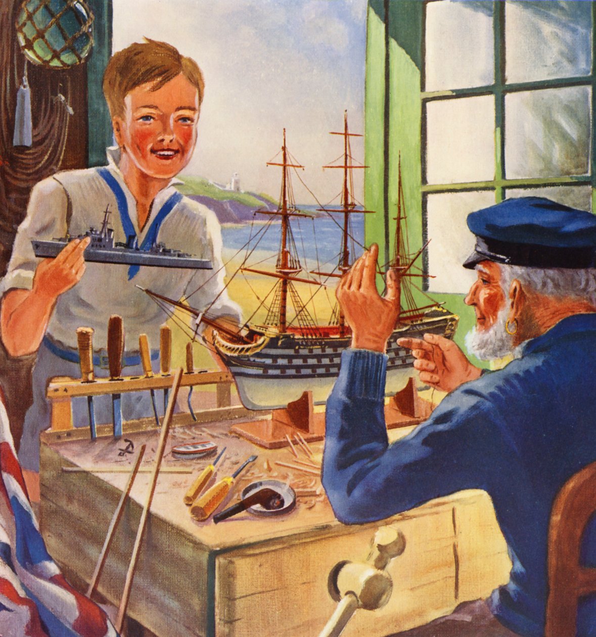 The Nelson Touch, gamle og unge skibsmodelbyggere (farvelitografi) af English School