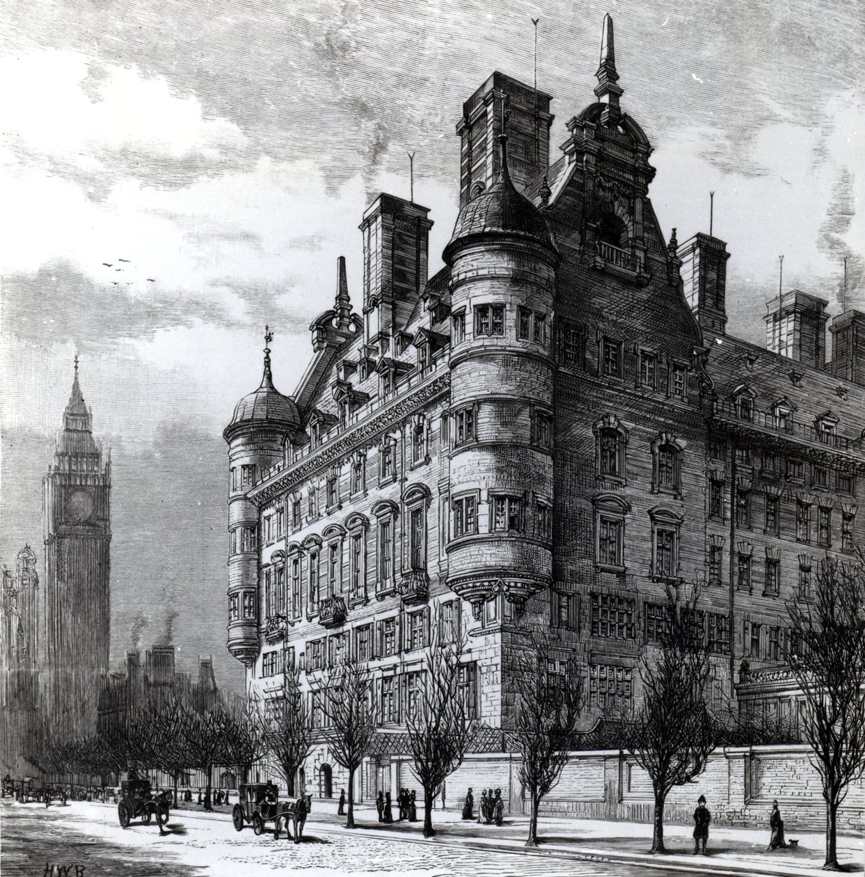 The New Police Offices on the Victoria Embankment, indgraveret af H.W.B., offentliggjort i 