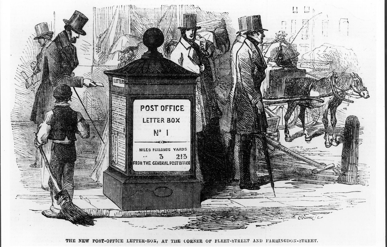 The New Post-Office Letter-Box, på hjørnet af Fleet Street og Farringdon Street, fra The Illustrated London News, 24. marts 1855 af English School