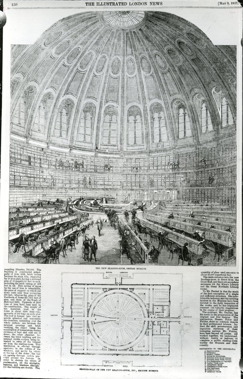 The New Reading-Room, British Museum, offentliggjort i The Illustrated London News, 9. maj 1857 af English School