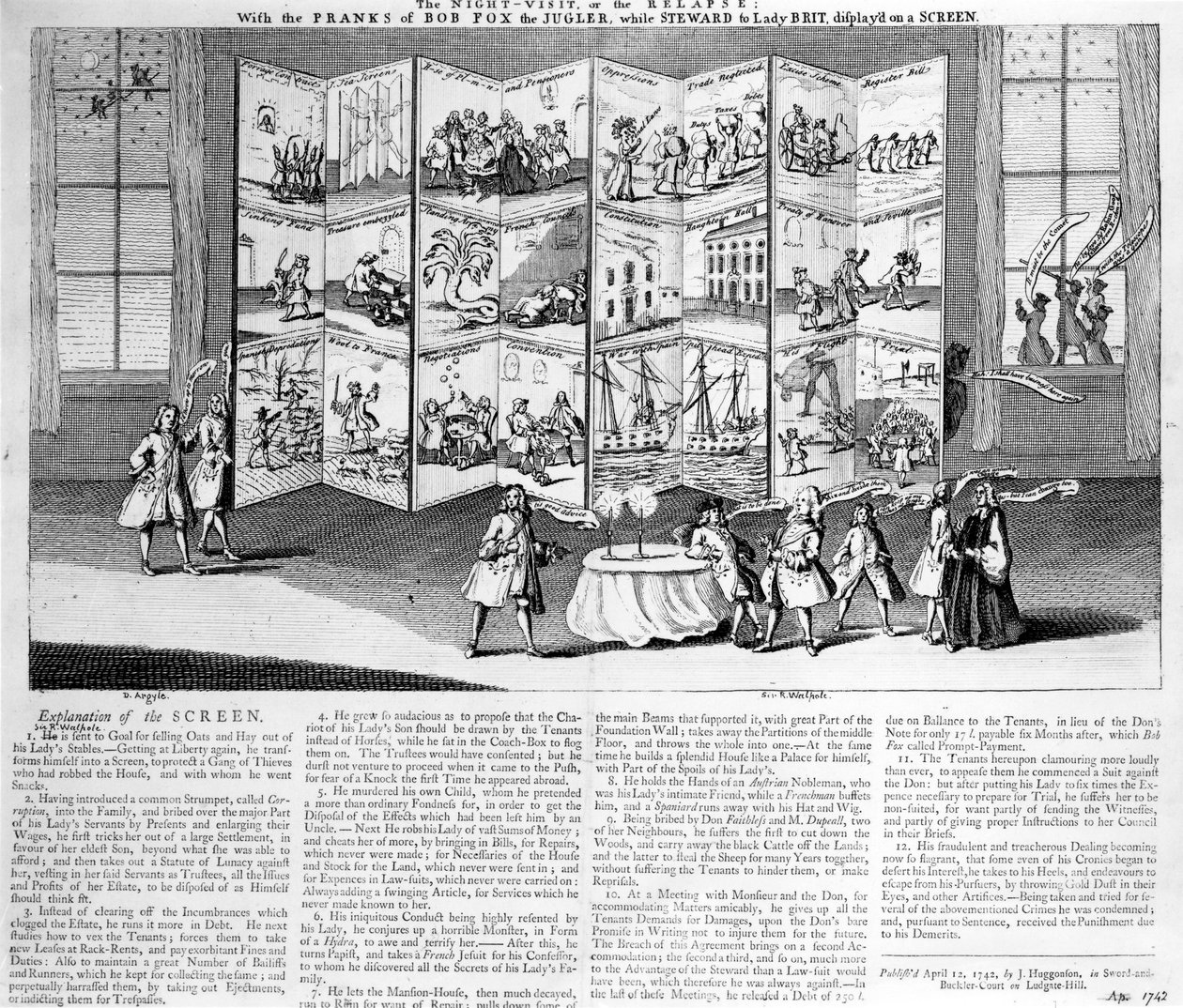 Nattebesøget eller tilbagefaldet: med pranks fra Bob Fox the Jonglør mens Steward til Lady Britannia, vist på en skærm, 1742 af English School