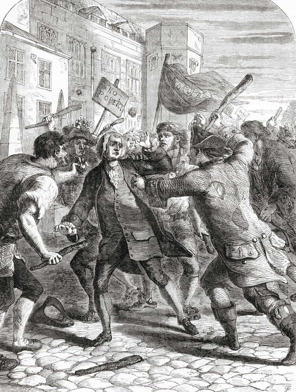"No-Popery"-uromagerne angreb medlemmer af parlamentet i Palace Yard, Westminster, London, England under Gordon-optøjerne i 1780. af English School