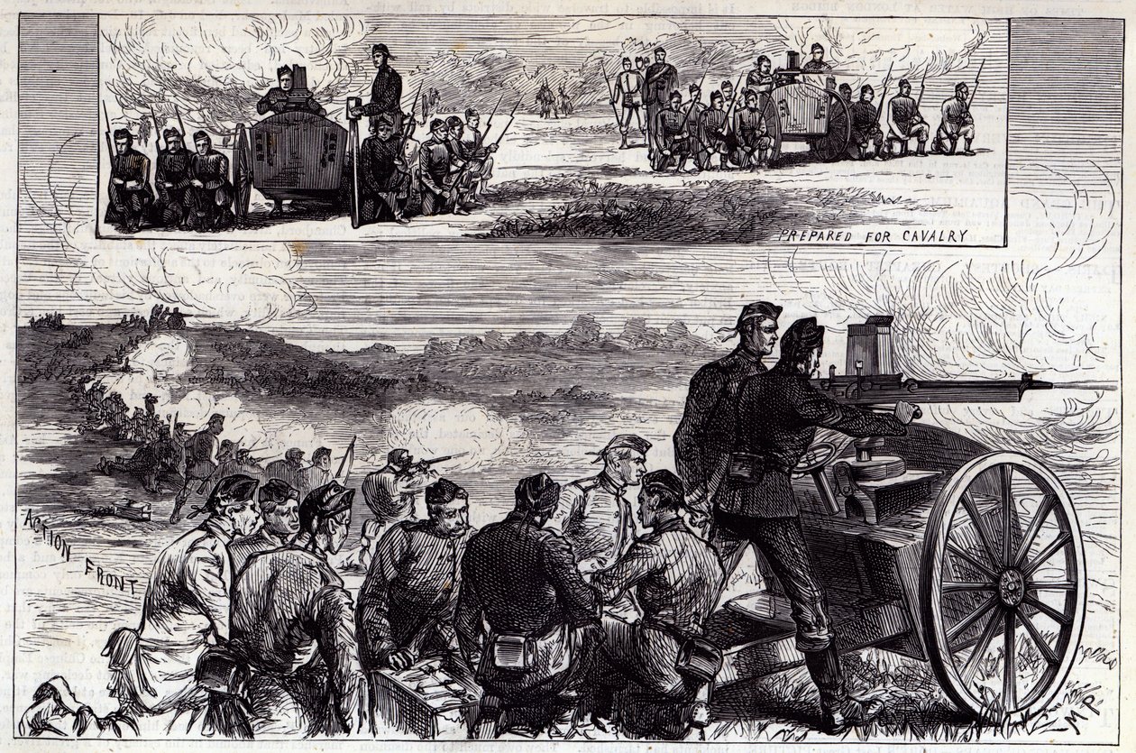 The Nordenfelt Guns at Aldershot, fra Illustrated London News, september 1885 af English School