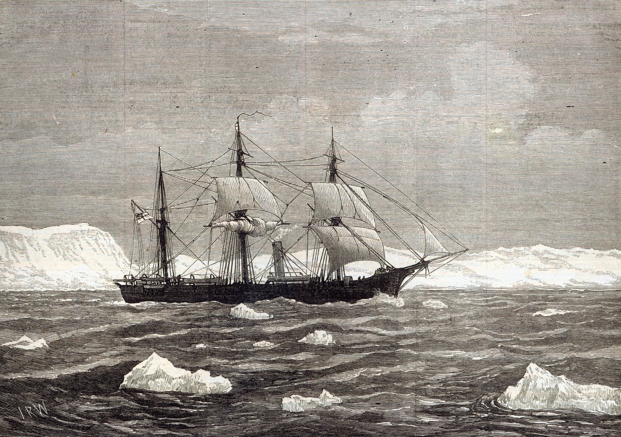 Ekspeditionen til Nordpolen: The Alert hejser flagene til ære for at have nået den højeste breddegrad af alle skibe nogensinde, fra "The Illustrated London News", 1876 af English School